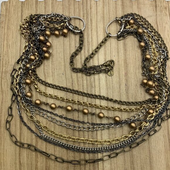 Talbots Multi Strands Chains Gold Silver Tone Beaded Necklace - Picture 2 of 9
